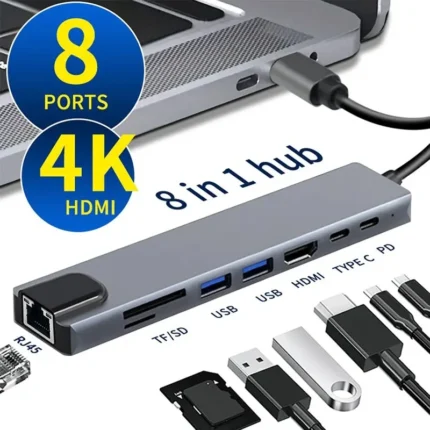 ADAPTATEUR TYPE C 8 IN 1 TO HDMI 4K TO RJ45 TO USB3.0 + LECTEUR CARTE