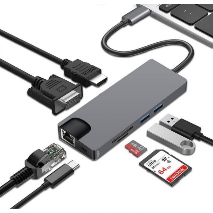 ADAPTATEUR TYPE C 8 IN 1 TO HDMI 4K TO RJ45 TO USB3.0 TO VGA+ LECTEUR CARTE – Image 2